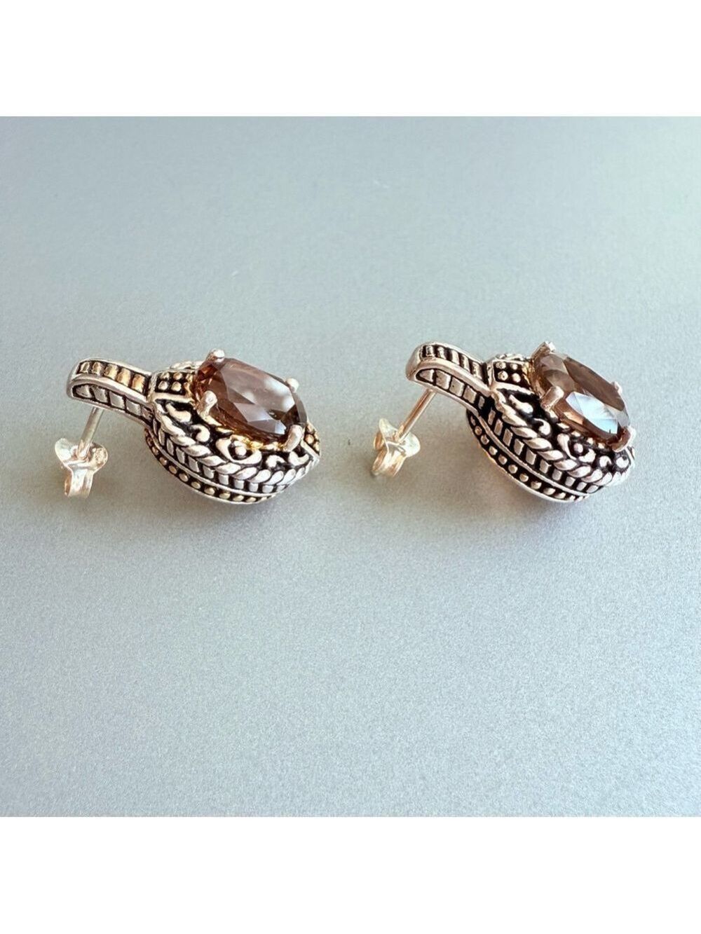 Smoky Topaz 2 Tone Sterling Silver Dotted Filigree CJ JC Designer Stud E… - Picture 3 of 9